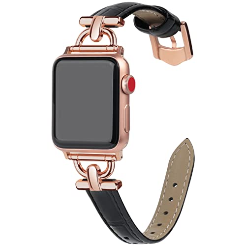 Mxiixnai LederArmband Kompatibel mit Apple Watch Armband 38mm 40mm 41mm,Schlank Echtesleder Armband mit D-förmiger Metallschließe für iWatch Bänder Serie Ultra/8/7/6/5/4/3/2/1,SE(Schwarz/Roségold) von mxiixnai