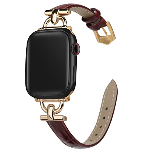 mxiixnai LederArmband Kompatibel mit Apple Watch Armband 38mm 40mm 41mm,Schlank Echtesleder Armband mit D-förmiger Metallschließe für iWatch Bänder Serie Ultra/8/7/6/5/4/3/2/1,SE(Braun/Gold) von mxiixnai
