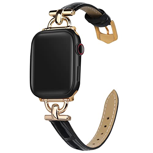 mxiixnai LederArmband Kompatibel mit Apple Watch Armband 38mm 40mm 41mm,Schlank Echtesleder Armband mit D-förmiger Metallschließe für iWatch Bänder Serie Ultra/8/7/6/5/4/3/2/1,SE(Schwarz/Gold) von mxiixnai