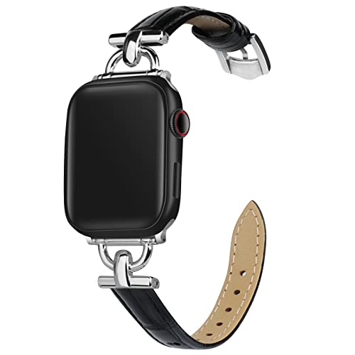 mxiixnai LederArmband Kompatibel mit Apple Watch Armband 38mm 40mm 41mm,Schlank Echtesleder Armband mit D-förmiger Metallschließe für iWatch Bänder Serie Ultra/8/7/6/5/4/3/2/1,SE(Schwarz/Silber) von mxiixnai
