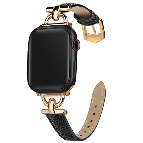 mxiixnai LederArmband Kompatibel mit Apple Watch Armband 41mm 38mm 40mm Frauen, Echtesleder Armband für iWatch Serie SE 9 8 7 6 5 4 3 2 1,Eidechse Schwarz/Gold von mxiixnai