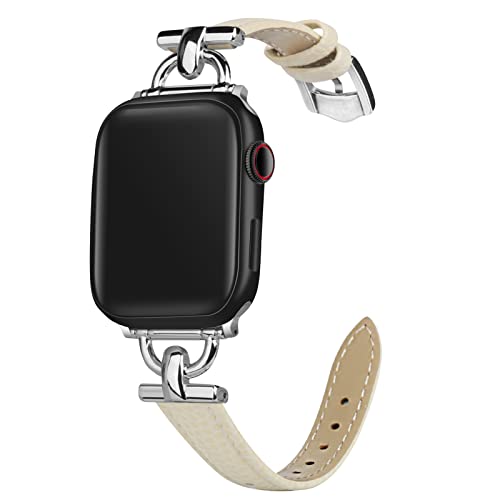 mxiixnai LederArmband Kompatibel mit Apple Watch Armband 42mm 44mm 45mm 49mm,Schlank Echtesleder Armband mit D-förmiger Metallschließe für iWatch Bänder Serie Ultra/8/7/6/5/4/3/2/1,SE(weiß/silber) von mxiixnai