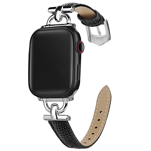 mxiixnai LederArmband Kompatibel mit Apple Watch Armband 42mm 44mm 45mm 49mm,Schlank Echtesleder Armband mit D-förmiger Metallschließe für iWatch Bänder Serie Ultra/8/7/6/5/4/3/2/1,SE(schwarz/silber) von mxiixnai