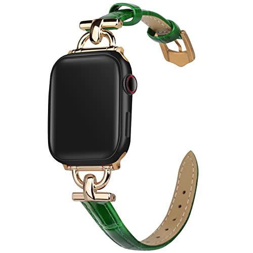 mxiixnai LederArmband Kompatibel mit Apple Watch Armband 42mm 44mm 45mm 49mm,Schlank Echtesleder Armband mit D-förmiger Metallschließe für iWatch Bänder Serie Ultra/8/7/6/5/4/3/2/1,SE(Grün/Gold) von mxiixnai