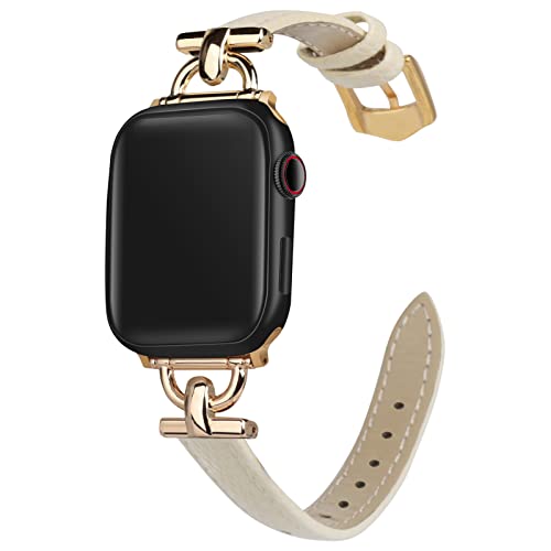 mxiixnai LederArmband Kompatibel mit Apple Watch Armband 42mm 44mm 45mm 49mm Frauen, Echtesleder Armband für Ultra 2/ Ultra iWatch Serie SE 9 8 7 6 5 4 3 2 1,Milchig weiß/Gold von mxiixnai