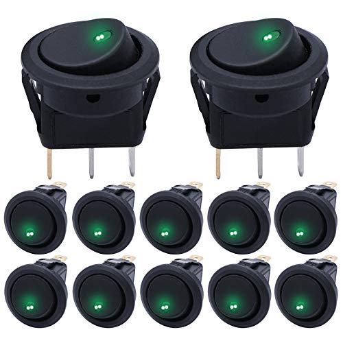mxuteuk 12Stück Kippschalter 12V DC 20A,Runde Wippschalter 12V beleuchtet mit Grün Dot LED Licht Wippschalter Button SPST 3poliger Ein/Aus Schalter Car Boot Truck Auto KFZ 12V Schalter KCD2-102N-G von mxuteuk