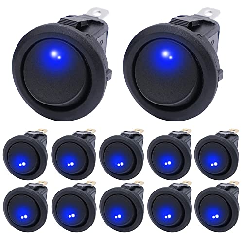 mxuteuk 12Stück Kippschalter 12V DC 20A,Runde Wippschalter 12V beleuchtet mit blauer Dot LED Licht Wippschalter Button SPST 3poliger Ein/Aus Schalter Car Boot Truck Auto KFZ 12V Schalter KCD2-102N-BU von mxuteuk