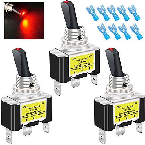 mxuteuk 3Pcs Rocker beleuchteter Kippschalter Wippschalter 30A 12V DC SPST ON/OFF 3Pin Auto Automative Boot mit rot LED-beleuchtetem Licht ASW-07D-2-R-DZ von mxuteuk