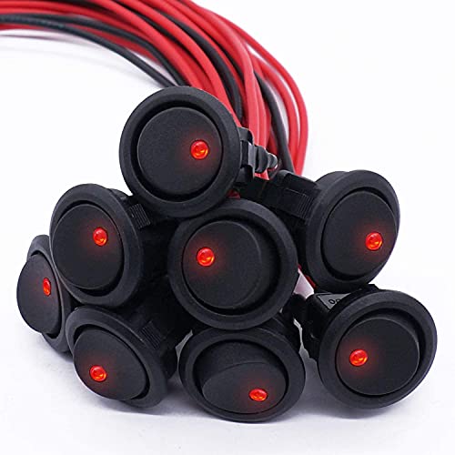mxuteuk 8 Stück SPST RundpPunkte-Wippschalter für Auto oder Boot DC 12V 20A Kippschalter Ein/Aus Rote LED-Leuchte mit vorgelöteten Drähten KCD2-102N-R-X von mxuteuk