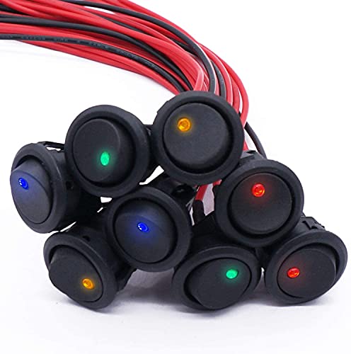 mxuteuk 8Stück Kippschalter 12V 20A Rund Wippschalter 4Farbe LED Licht beleuchtet Wippschalter Button SPST Ein/Aus Kippschalter Boat Truck Auto KFZ 12V Schalter mit vorgelöteten Drähten KCD2-102N-4C-X von mxuteuk