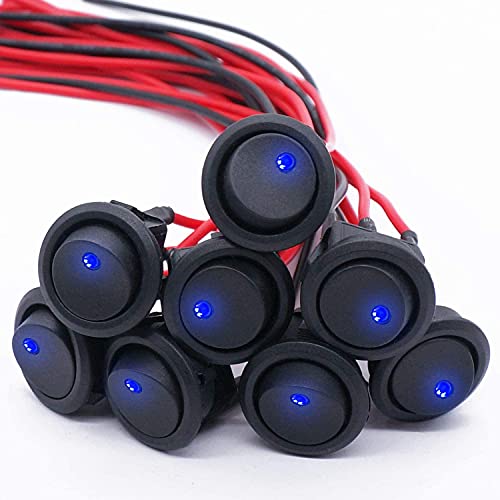 mxuteuk 8Stück Kippschalter 12V 20A Rund Wippschalter blau LED Licht beleuchtet Wippschalter Button SPST Ein/Aus Kippschalter Boat Truck Auto KFZ 12V Schalter mit vorgelöteten Drähten KCD2-102N-BU-X von mxuteuk