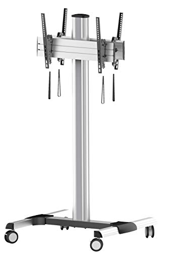 mywall HP112L Mobiler Standfuß für 2 Bildschirme 37-70 Zoll (94-178cm) Neigbar Höhe 172 cm bis 60 kg mit Rollen und Diebstahlschutz Silber/Schwarz von my wall