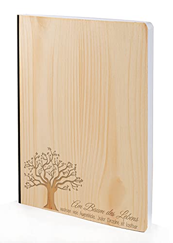 Notizbuch mit Holz Cover in A5 - BAUM DES LEBENS - Echtholz Notebook zum Reinschreiben Zirbenholz Holzeinband 192 blanko Seiten 90g von myZirbe