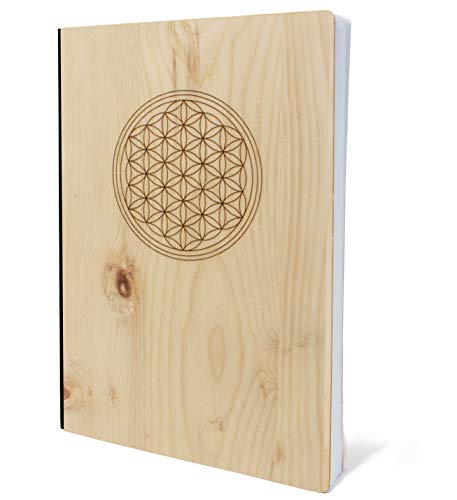 Notizbuch mit Holz Cover in A5 - BLUME DES LEBENS - Echtholz Notebook zum Reinschreiben Zirbenholz Holzeinband 192 blanko Seiten 90g von myZirbe