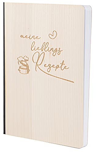 Notizbuch mit Holz Cover in A5 - MEINE LIEBLINGS REZEPTE - Echtholz Notebook zum Reinschreiben Holzeinband 192 blanko Seiten 90g, Holzart:Ahorn von myZirbe