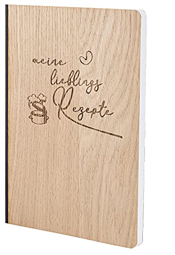 Notizbuch mit Holz Cover in A5 - MEINE LIEBLINGS REZEPTE - Echtholz Notebook zum Reinschreiben Holzeinband 192 blanko Seiten 90g, Holzart:Eiche von myZirbe