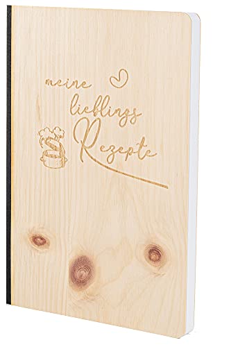 Notizbuch mit Holz Cover in A5 - MEINE LIEBLINGS REZEPTE - Echtholz Notebook zum Reinschreiben Holzeinband 192 blanko Seiten 90g, Holzart:Zirbe von myZirbe
