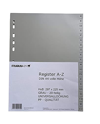 5x mybuy-24 Register A4 A-Z, 20-teilig, volle Höhe, Universallochung PP Kunststoff grau 225 x 297mm Trennblätter Buchstaben A - Z, 5er Sparpack 5x mybuy-24 Register A4 A-Z, 20-teilig, volle Höhe, Universallochung PP Kunststoff grau 225 x 297mm Trennblätter Buchstaben A - Z, 5er Sparpack von mybuy24