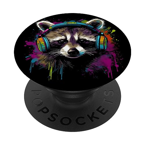 Waschbär Musik Kopfhörer Bunt - Tier Motiv Kunst Waschbär PopSockets mit austauschbarem PopGrip von @n!mal
