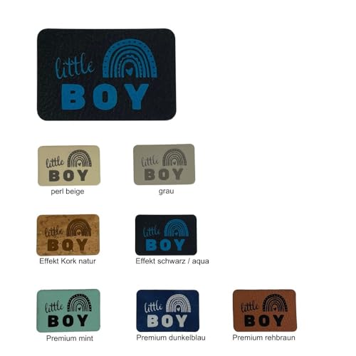 Kunstleder-Etiketten "little BOY" Ausführung 4 Löcher, an jedem Eck eines, Farbe Kunstleder Effekt Schwarz/Aqua von namensbaender.de GmbH