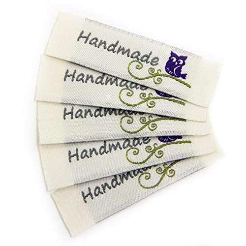 Stoffetiketten "Handmade mit Eule" Menge 50 Stück / 12,50 €, Farb-Kombinationen creme - grau / grün / lila von namensbaender.de GmbH