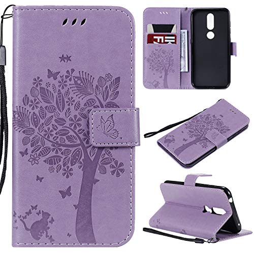 nancencen Compatible with Handyhülle Nokia 4.2 Hülle, Flip-Case Handytasche - Standfunktion Brieftasche und Kartenfächern - Baum und Katze - Light Purple von nancencen