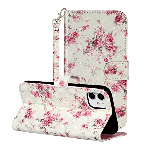 nancencen Handyhülle für iPhone 11 6.1" Hülle, Hochwertiges PU-Material mit Glatter Haptik [Staubdicht] [Magnetverschluss] Vintage Glitzer Leder Cover Flip Case,Pinke Blumen von nancencen