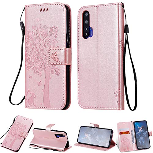 nancencen Hülle Kompatibel mit Huawei Honor 20 / Honor 20 Pro/Nova 5T, Flip-Case Handytasche - Standfunktion Brieftasche und Kartenfächern - Baum und Katze - Rose Gold von nancencen