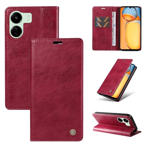 nancencen Hülle Kompatibel mit Redmi 13C 4G / Poco C65 Handyhülle, Stoßfest PU Leder Klappbar Schutzhülle [Kartenfach] [Ständer] [Magnet] Flip Wallet Handytasche Case, Weinrot von nancencen