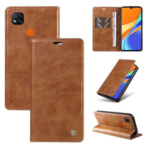 nancencen Hülle Kompatibel mit Redmi 9C Handyhülle, Stoßfest PU Leder Klappbar Schutzhülle [Kartenfach] [Ständer] [Magnet] Flip Wallet Handytasche Case, Braun von nancencen