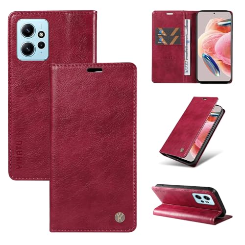 nancencen Hülle Kompatibel mit Redmi Note 12 4G Handyhülle, Stoßfest PU Leder Klappbar Schutzhülle [Kartenfach] [Ständer] [Magnet] Flip Wallet Handytasche Case, Weinrot von nancencen