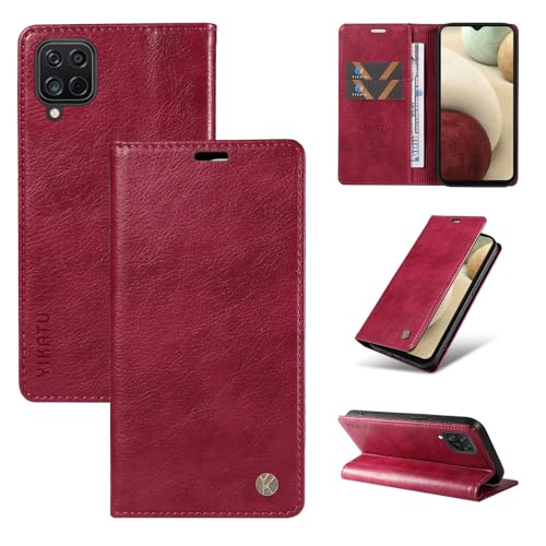 nancencen Hülle Kompatibel mit Samsung Galaxy A12 5G Handyhülle, Stoßfest PU Leder Klappbar Schutzhülle [Kartenfach] [Ständer] [Magnet] Flip Wallet Handytasche Case, Weinrot von nancencen