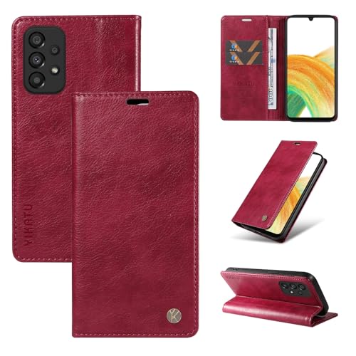 nancencen Hülle Kompatibel mit Samsung Galaxy A33 5G Handyhülle, Stoßfest PU Leder Klappbar Schutzhülle [Kartenfach] [Ständer] [Magnet] Flip Wallet Handytasche Case, Weinrot von nancencen