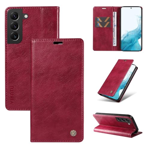 nancencen Hülle Kompatibel mit Samsung Galaxy S21 Plus Handyhülle, Stoßfest PU Leder Klappbar Schutzhülle [Kartenfach] [Ständer] [Magnet] Flip Wallet Handytasche Case, Weinrot von nancencen