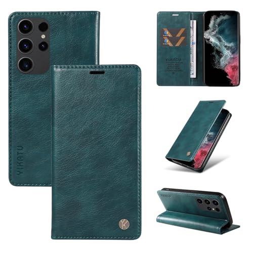 nancencen Hülle Kompatibel mit Samsung Galaxy S22 Ultra Handyhülle, Stoßfest PU Leder Klappbar Schutzhülle [Kartenfach] [Ständer] [Magnet] Flip Wallet Handytasche Case, Blau von nancencen
