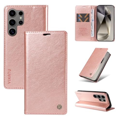 nancencen Hülle Kompatibel mit Samsung Galaxy S25 Ultra Handyhülle, Stoßfest PU Leder Klappbar Schutzhülle [Kartenfach] [Ständer] [Magnet] Flip Wallet Handytasche Case, Roségold von nancencen
