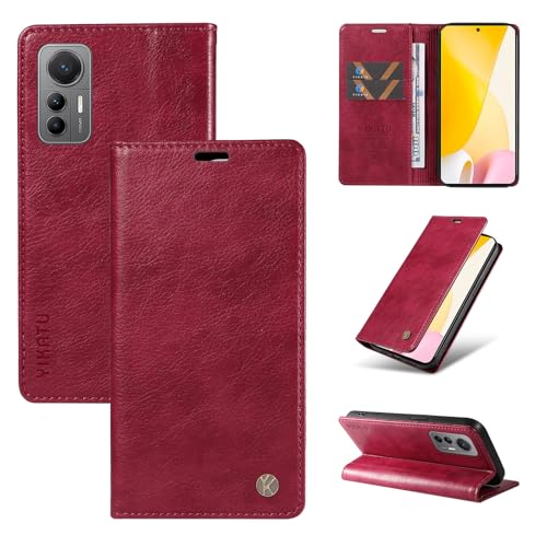 nancencen Hülle Kompatibel mit Xiaomi 12 Lite Handyhülle, Stoßfest PU Leder Klappbar Schutzhülle [Kartenfach] [Ständer] [Magnet] Flip Wallet Handytasche Case, Weinrot von nancencen