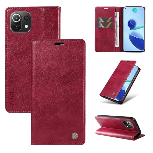 nancencen Hülle Kompatibel mit Xiaomi Mi 11 Lite Handyhülle, Stoßfest PU Leder Klappbar Schutzhülle [Kartenfach] [Ständer] [Magnet] Flip Wallet Handytasche Case, Weinrot von nancencen