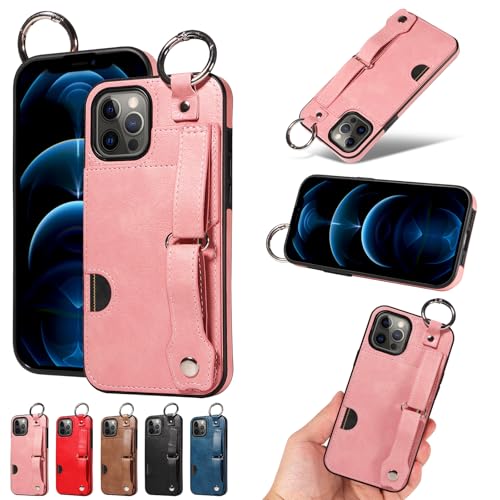nancencen Hülle Kompatibel mit iPhone 12 Pro Max Handyhülle, Silikon und PU Leder Schutzhülle mit Ringschnalle Kartenfach, Weiches Futter aus ultrafeiner Faser Stoßfest Case, Pink von nancencen