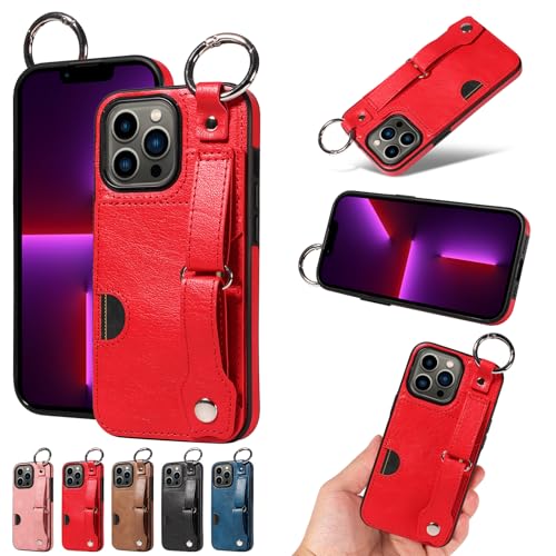 nancencen Hülle Kompatibel mit iPhone 13 Pro Handyhülle, Silikon und PU Leder Schutzhülle mit Ringschnalle Kartenfach, Weiches Futter aus ultrafeiner Faser Stoßfest Case, Rot von nancencen