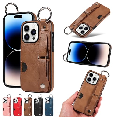 nancencen Hülle Kompatibel mit iPhone 14 Pro Handyhülle, Silikon und PU Leder Schutzhülle mit Ringschnalle Kartenfach, Weiches Futter aus ultrafeiner Faser Stoßfest Case, Braun von nancencen