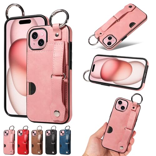nancencen Hülle Kompatibel mit iPhone 15 Handyhülle, Silikon und PU Leder Schutzhülle mit Ringschnalle Kartenfach, Weiches Futter aus ultrafeiner Faser Stoßfest Case, Pink von nancencen