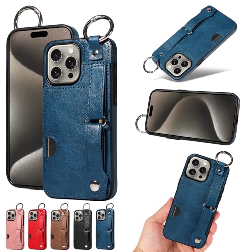 nancencen Hülle Kompatibel mit iPhone 15 Pro Max Handyhülle, Silikon und PU Leder Schutzhülle mit Ringschnalle Kartenfach, Weiches Futter aus ultrafeiner Faser Stoßfest Case, Blau von nancencen