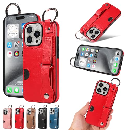 nancencen Hülle Kompatibel mit iPhone 16 Pro Handyhülle, Silikon und PU Leder Schutzhülle mit Ringschnalle Kartenfach, Weiches Futter aus ultrafeiner Faser Stoßfest Case, Rot von nancencen