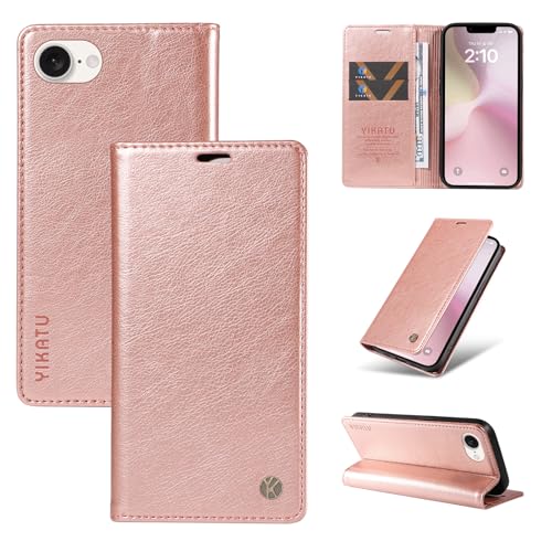 nancencen Hülle Kompatibel mit iPhone 16E Handyhülle, Stoßfest PU Leder Klappbar Schutzhülle [Kartenfach] [Ständer] [Magnet] Flip Wallet Handytasche Case, Roségold von nancencen