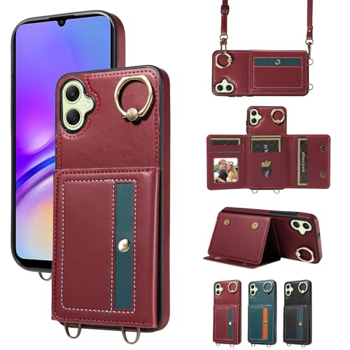 nancencen Hülle für Samsung Galaxy A05 Handyhülle mit Band, Anti-Fingerabdruck Silikon Schutzhülle 360 Grad Drehring, Kartenfach, Zum Umhängen Leder Stoßfestes Case, WeinRot von nancencen