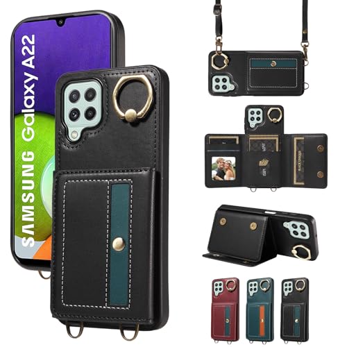 nancencen Hülle für Samsung Galaxy A22 4G Handyhülle mit Band, Anti-Fingerabdruck Silikon Schutzhülle 360 Grad Drehring, Kartenfach, Zum Umhängen Leder Stoßfestes Case, Schwarz nancencen Hülle für Samsung Galaxy A22 4G Handyhülle mit Band, Anti-Fingerabdruck Silikon Schutzhülle 360 Grad Drehring, Kartenfach, Zum Umhängen Leder Stoßfestes Case, Schwarz von nancencen