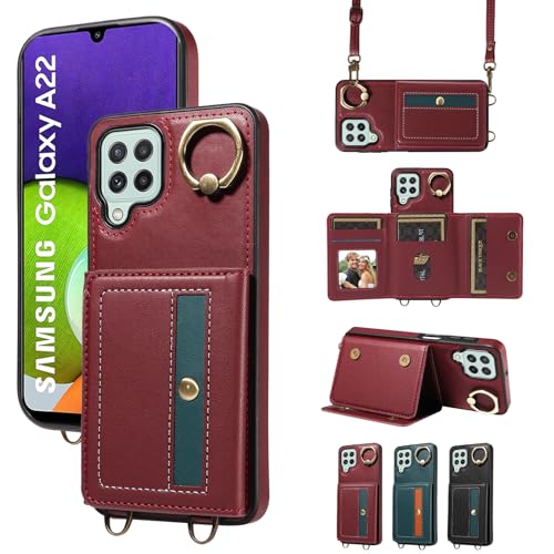 nancencen Hülle für Samsung Galaxy A22 4G Handyhülle mit Band, Anti-Fingerabdruck Silikon Schutzhülle 360 Grad Drehring, Kartenfach, Zum Umhängen Leder Stoßfestes Case, WeinRot nancencen Hülle für Samsung Galaxy A22 4G Handyhülle mit Band, Anti-Fingerabdruck Silikon Schutzhülle 360 Grad Drehring, Kartenfach, Zum Umhängen Leder Stoßfestes Case, WeinRot von nancencen