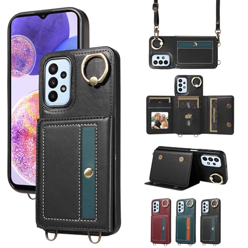 nancencen Hülle für Samsung Galaxy A23 Handyhülle mit Band, Anti-Fingerabdruck Silikon Schutzhülle 360 Grad Drehring, Kartenfach, Zum Umhängen Leder Stoßfestes Case, Schwarz von nancencen