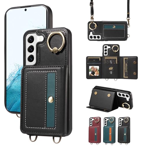 nancencen Hülle für Samsung Galaxy S22 Handyhülle mit Band, Anti-Fingerabdruck Silikon Schutzhülle 360 Grad Drehring, Kartenfach, Zum Umhängen Leder Stoßfestes Case, Schwarz nancencen Hülle für Samsung Galaxy S22 Handyhülle mit Band, Anti-Fingerabdruck Silikon Schutzhülle 360 Grad Drehring, Kartenfach, Zum Umhängen Leder Stoßfestes Case, Schwarz von nancencen